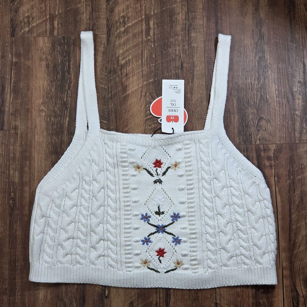 New Cider Women 1XL Embroidered Cable Knit Sweater Crop Tank Cottagecore Boho - Picture 2 of 9